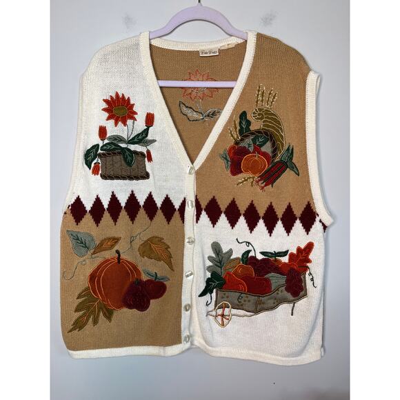 2000s Bobbie Brooks Fall Harvest Patchwork Pumpkins Thanksgiving Sweater Vest 2X - Picture 1 of 5